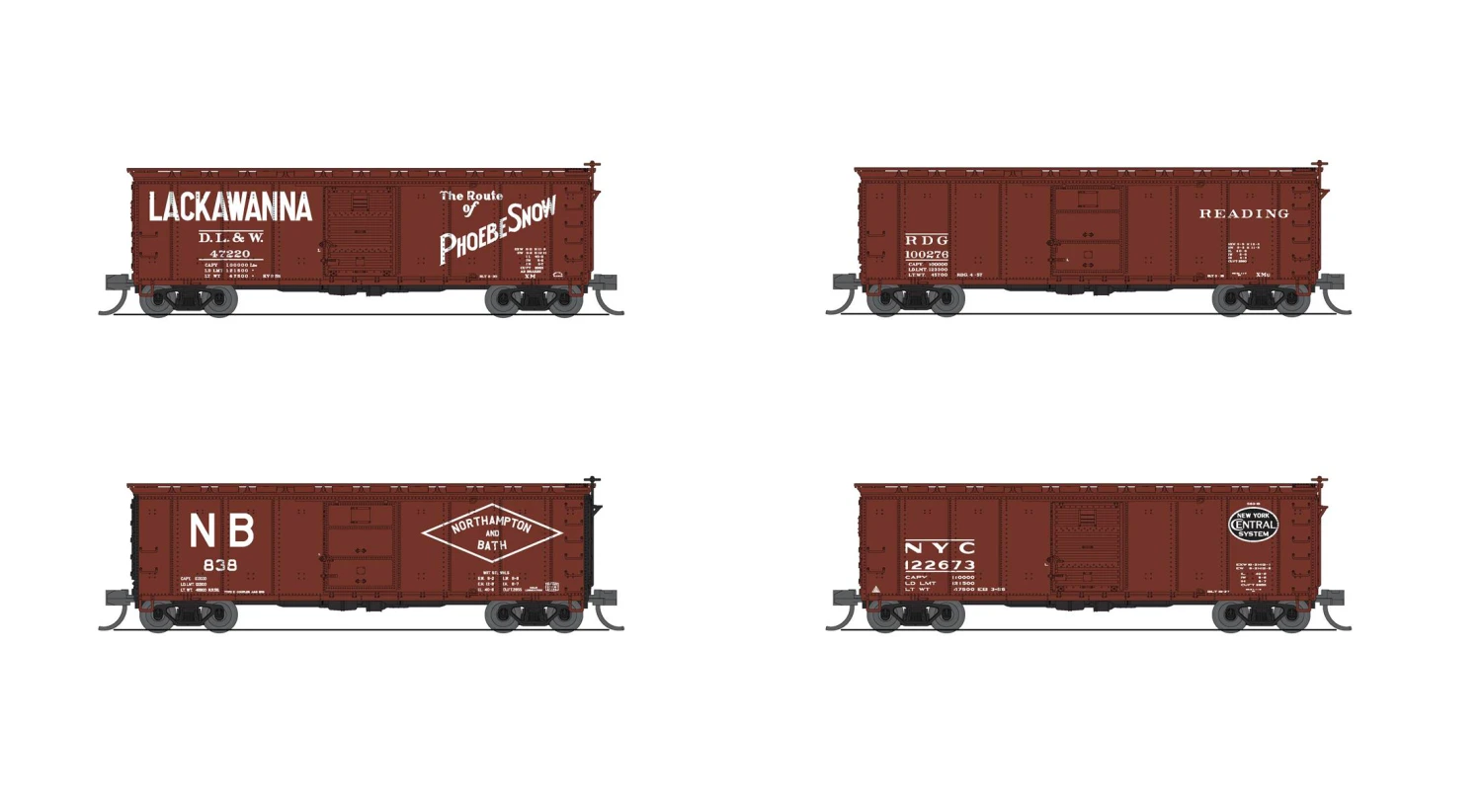 BLI (Broadway Limited Imports) 7272 N Scale 40' NYC Boxcar 1950's Variety Set C (NYC, RDG, DLW, NB) 1 BLI (Broadway Limited Imports) 7272 N Scale 40' NYC Boxcar 1950's Variety Set C (NYC, RDG, DLW, NB)