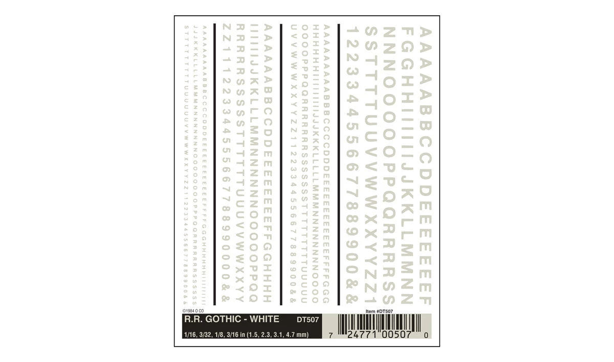 Woodland Scenics DT507 Dry Transfer Decals - Railroad Gothic Letters, White 1 Woodland Scenics DT507 Dry Transfer Decals - Railroad Gothic Letters, White